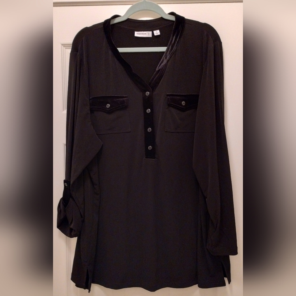 Susan Graver Dress Shirt Liquid Knit with Velvet Trim 2X